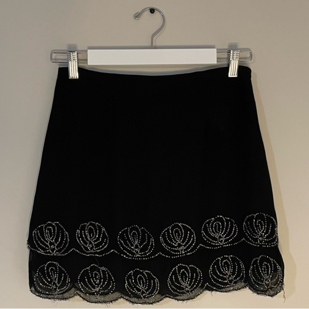 Vintage Style Women’s Black Skirt with Embroidered Rhinestone Floral Trim